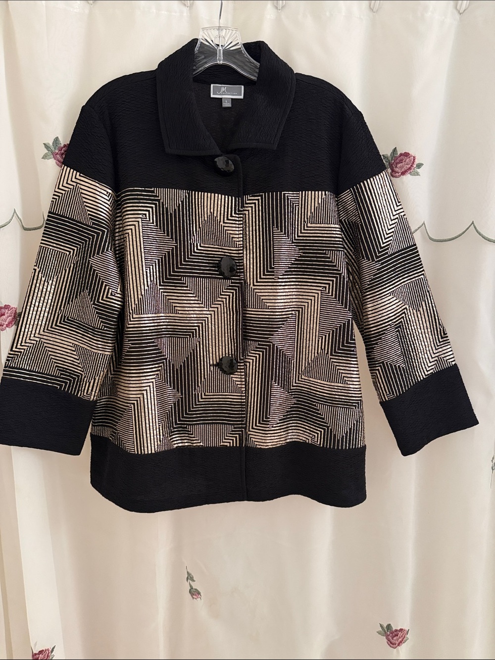 JM Collection Black Light-weight Textured Jacket with Metallic Geometric Pattern